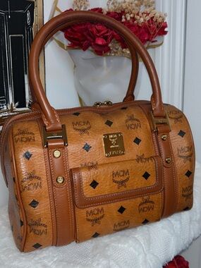 MCM Cognac Visetos Satchel with Gold Hardware